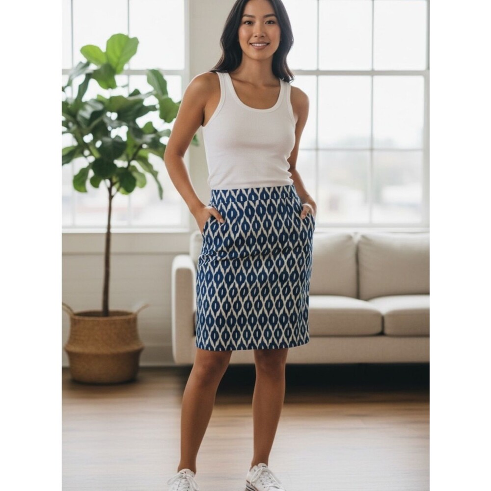 Annabella Blue & Cream Ikat Pencil Skirt (Size S)